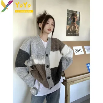 Yoyo בינגו 2023 סתיו חורף בלוק צבע ציצית מצמר קרדיגן ארוך שרוול סוודר מקרית קוריאני נשים לסרוג רופף העליון