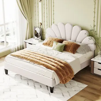 מודרני יפהפה בצבע בז ' מרופדים פלטפורמה למיטה עם דפוס פרחים קטיפה המיטה,קל להרכבה,נוח השינה