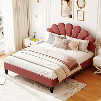 מודרני עיצוב ייחודי מרופדים פלטפורמה למיטה עם דפוס פרחים קטיפה המיטה,ממרח שעועית אדומה,מתאים Bedroo
