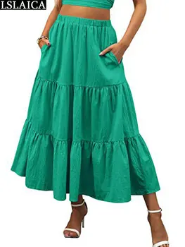 צבע מוצק אישה חצאיות קפלים קו אלסטיים מותן עם כיסים תלבושות טלאים הקיץ 2023 אופנה חצאית קצרה לנשים