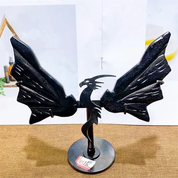 טבעי, שחור, אובסידיאן הדרקון כנפיים קריסטל גילוף אבן ריפוי Fengshui מתנת החג קישוט הבית 1Pair