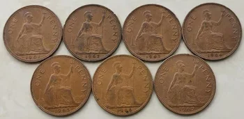 7 שנים שונות המלכה אליזבת 31mm אלה מטבעות נחושת בריטניה 1961-1967 1 פני 7 חלקים 100% מקורי