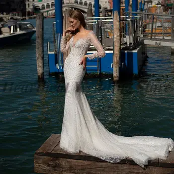 2023 Exquisit שמלת חתונה עבור בנות ים עם הכפתור חזרה שרוול ארוך רכבת משפט V-צוואר חרוזים ופנינים פאייטים