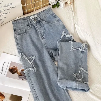 2000 וינטאג', בגדי נשים, מכנסי ג 'ינס רגל ישר נשים עם קו מותן גבוה אופנת רחוב ג' ינס נשים קוריאני אופנה ג ' ינס