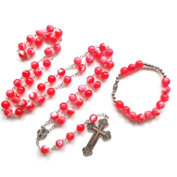 קתולי אדום אקרילי חרוזים תפילה שרשרת צמיד דתי שרשרת ארוכה לנשים בנות כריסטיאן תכשיטים הטבילה W3JE