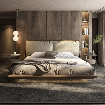 סגנון מושעה עור המיטה מינימליסטי רך תיק מיטה זוגית חדר השינה מיטת קינג עם אור השינה