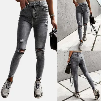 נשים עיצוב ג 'ינס סקיני אופנתי חור מסתלסל מתיחה גבוה מותן סרבל היפ מתאים חותלות רזה אלסטי מכנסיים ג' ינס באגי 청바지
