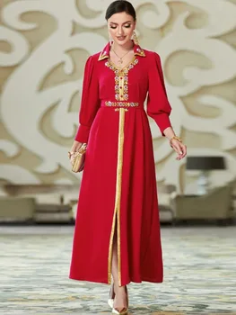 שמלת מסיבת נשים דש Abaya הרמדאן מרוקאי Kaftan דובאי מפואר חרוזים שמלות אלגנטי שרוול ארוך האסלאם טורקיה כפיות
