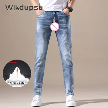 בגדי ג 'ינס גברים באיכות גבוהה מתיחה סקסית בלתי נראה רוכסנים כפולים פתח במפשעה אופנה ג' ינס כיס סקיני מכנסיים מכנסיים