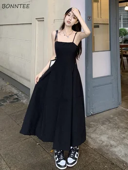 הקיץ Midi שמלה נשים שחור בסגנון צרפתי מתוק וינטג ' קו אלגנטי, אסתטי פופולרי ללא משענת המכללה שסף תוכנן Vestido