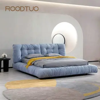 חדר השינה מיטת קינג סייז מעצב איטלקי כפול מסגרת מיטה בגודל קווין הטכנולוגיה המודרנית בד רך נוח ריהוט הבית