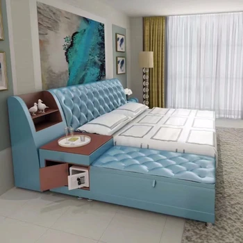 מודרני אמיתי עור מיטה / מיטה חמה/מיטה זוגית קינג/קווין סייז בחדר השינה ריהוט הבית עם תיבת אחסון ו המזנון