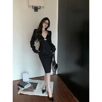 קוריאני מזדמן חליפת נשים סתיו שחור דק מתאים ז ' קט גבוהה המותניים אורך הברך החצאית שני חלקים סט אופנה נשית בגדים