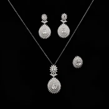 סטי תכשיטי HADIYANA יקר זרקונים תכשיטים קריסטל זוהר שרשרת עגילים וטבעת 3-Piece סט CN4169 תכשיטים