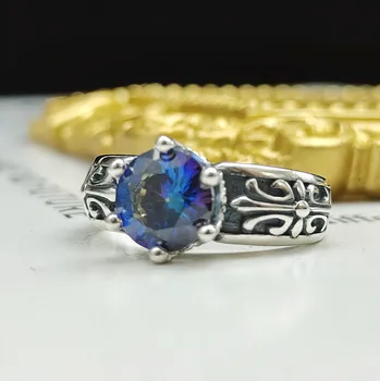 S925 כסף סטרלינג בציר כחול זירקון הכתר עם טבעת נקבה מיעוט עיצוב מגניב ואופנתי אישיות אור יוקרה