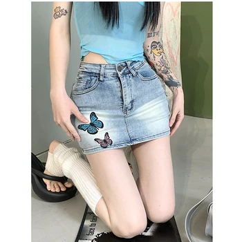 בחורה שווה פרפר רקום לעטוף היפ חצאיות ג ' ינס חדש קיץ 2023 אופנת רחוב רזה גבוהה המותניים קטן חצאית קצרה נקבה בגדים
