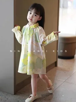 בנות שמלת החולצה 2023 סתיו חדש ילדה קטנה אופנתי ציור שמן בסגנון שמלת החולצה תינוק כותנה שמלה