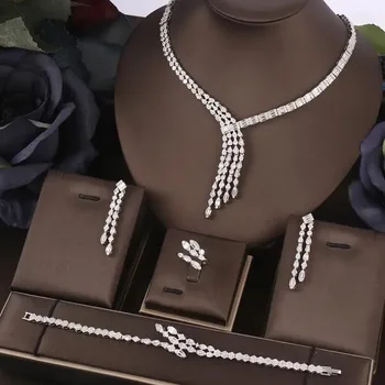 janekelly 4pcs כלה Zirconia מלא תכשיטים מגדיר עבור נשים, מסיבת יוקרה בדובאי ניגריה CZ קריסטל תכשיטים לחתונה סטים