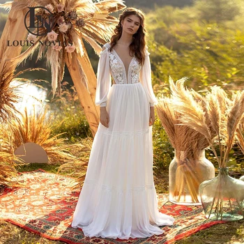 לואיס NOVIAS החתונה 2023 שמלה אלגנטית עם שרוולים ארוכים שמלות כלה רקמה אשליה עמוק V-צוואר שמלת כלה Vestidos דה נוביה