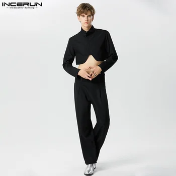 INCERUN 2023 בסגנון אמריקאי נאה גברים סטים קצוץ עם שרוולים ארוך חליפה Jackeks מכנסיים אופנה החדרת רשת שני חלקים מערכות S-5XL