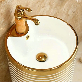 פסיפס זהב מודרני מסוגנן עגול כיור קרמיקה בכיור האמבטיה עם מעמד מעמד לכיור