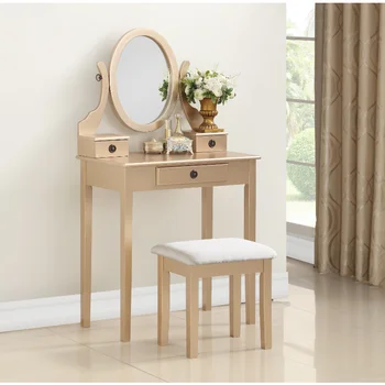 Roundhill רהיטים Moniya עץ איפור יהירות שולחן שרפרף מוכן, זהב, ריהוט חדר שינה, שולחן איפור