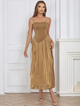 סקסית ללא שרוולים אופנה להחליק שמלות לנשים קיץ אלגנטי סלים טלאים חגים מפורסמים ערב מועדון המפלגה שמלת מקסי