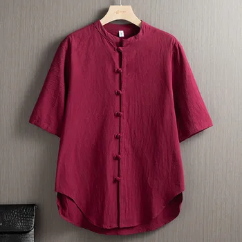 חולצת פשתן גברים 2023 סיני עם שרוולים קצרים וינטג ' כפתור למטה חולצת טי-שירט בצבע מלא בעמידה צווארון רופף גדול גודל העליון
