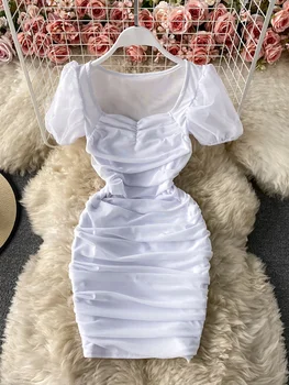 סגול/חום/לבן סקסי רשת עטוף שמלת Bodycon נשים אלגנטי מרובע צווארון קצר פאף שרוולים עם קפלים Vestidos נקבה הקיץ