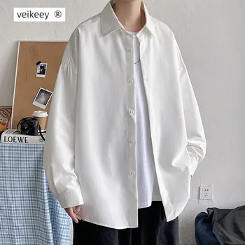 Veikeey 2023 קוריאני אופנה לבנה שרוול ארוך חולצות לגברים Harajuku שחור גדול חולצה גברית כפתור למעלה חולצות חולצות 5XL