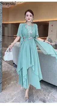 Svoryxiu מעצב אופנה שמלת הקיץ נשים עטלף שרוול תחרה חרוזים רקמה אפליקציות גבוהה לא סימטרי המותניים שמלה ארוכה