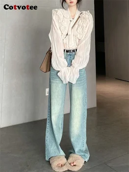 Cotvotee וינטג 'ינס לנשים 2023 סתיו חורף אופנה חדשה כפתור כיסי הג' ינס גבוהה המותניים ניגודיות צבע רחב הרגל המכנסיים