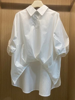 GkyocQ הקיץ גג לבן קפלים, חולצה שרוול קצר דש צווארון שני כפתורים הנשי החולצה נישה חולצה לבנה נשים 2023 בגדים