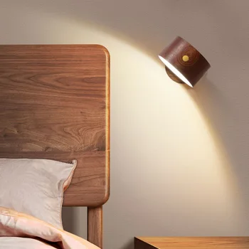 USB עץ מנורת קיר מנורת שולחן מגע עמעום LED לילה אור סיבוב 360° הגנה העין אווירה מגנטי המנורה שליד המיטה