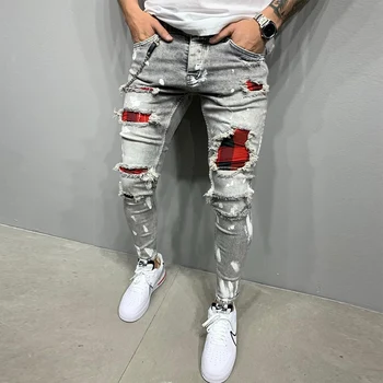 אנשים חדשים של סקיני ג 'ינס קרועים אופנה רשת חור Endothecium תיקונים Slim Fit למתוח מזדמן עיפרון ג' ינס מכנסי ריצה מכנסיים