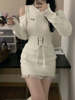 סרוגים Kawaii חמוד שתי חתיכה להגדיר נשים ציצית קוריאני אופנה שמלת מיני חליפה נשית בציר שמלה + מעצב החגורה 2023 סתיו