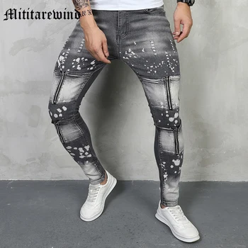רחוב רזה התזה דיו האמריקאי ג 'ינס באורך מלא אפור משולבים היפ הופ אופנת רחוב חור בציר מכנסי ג' ינס במצוקה