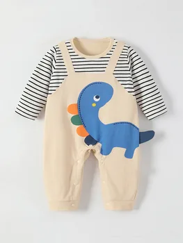 התינוק רומפר סתיו ארוך שרוול הדינוזאור חמוד סרבל תינוק ילד ילד פסים עליון + משמש מכנסיים מזויף 2pcs בגדים אוברול
