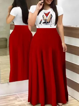 קיץ דיגיטלי חדש מודפס ארוך שמלה אלגנטית לנשים Slim Fit צוואר עגול שרוול קצר אדום עקבים גבוהים מודפס שמלות Vestidos