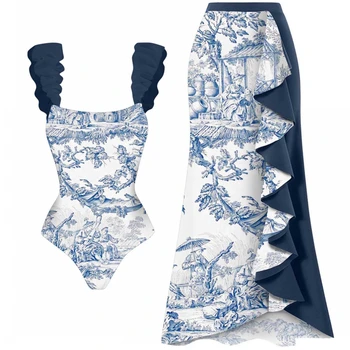 רטרו כחול ביקיני מודפס אופנה שני חלקים של בגדי ים ו לכסות עם חצאית הדוקה של נשים התחבושת קיץ חוף יוקרתי אלגנטי
