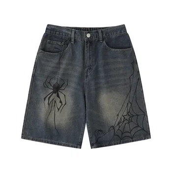 Y2K מכנסי ג 'ינס קצרים גברים העכביש קורי עכביש מודפס הקיץ חופשי מזדמן מכנסי ג' ינס קצרים 2023 Harajuku היפ הופ אופנת רחוב קצרים איש w532