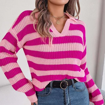 סתיו של נשים מזדמנים רופף ארוך שרוול לסרוג סוודר אופנה צדדי צבע חוסם פסים נוסעים קט ' מפר