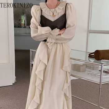 TEROKINIZO בסגנון צרפתי משובח המזג 2 ערכות קטע נשים תלבושות קפלים טלאים מוצק צבע שמלה מתוקה Slim Fit Camis