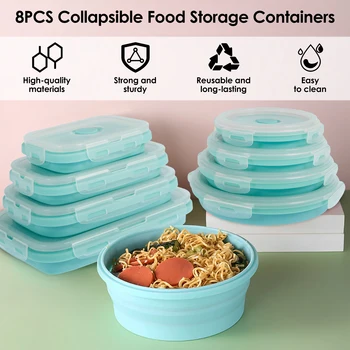 8Pcs מתקפל קופסא ארוחת צהריים עם מכסים לשימוש חוזר סיליקון Stackable מזון, מיכלי אחסון עבור מיקרוגל מקפיא ומדיח כלים