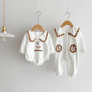 סתיו אופנה חדשה ילדה תינוק סוודר רקמה, פרח רומפר ילד תינוק כותנה מזדמן פשוט בגד ילד חמוד חיצונית אוברול