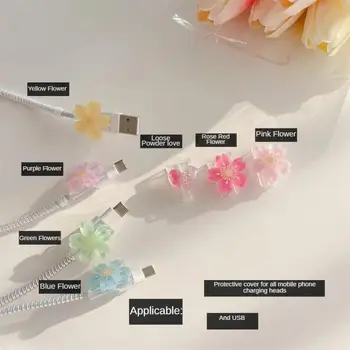 עבור iPhone סוג-C כבל USB ביס מגן נתונים כבל קו קישוט תיק 3D פרחים מדבקה רך TPU כיסוי נשים