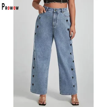 Prowowo אופנה רחב הרגל שאיפה בסגנון חופשי לנשים ג ' ינס גבוהה עם קו מותן ישר מכנסיים כחולים רוכסן קיץ סתיו תחתיות בגדים