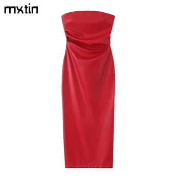 נשים Ｄress קיץ בציר עור אדום Midi עבור נשים חדש 2023 אופנה שרוולים נקבה צד שמלות ערב בגדי Mujer