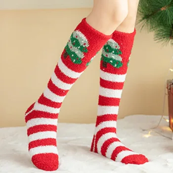 אדום ירוק, חג המולד, גרביים צינור ארוך קורל קטיפה גרביים נשים בנות קטיפה מעובה בית ישן קומה עגל גרביים