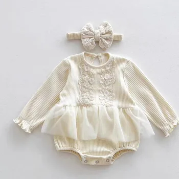 7476 התינוק תחרה רומפר בנות Longsleeve הנסיכה הילדה Romper בגדי תינוקות תינוקת תלבושת להגדיר עם סרט